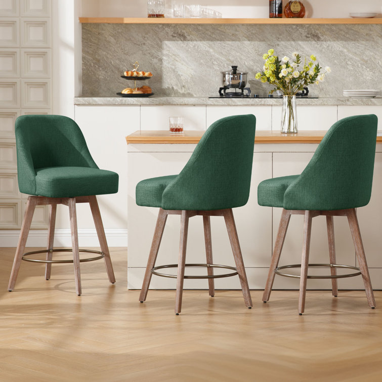 Green Upholstered Swivel Counter Stools with Wood Legs, Set of 3