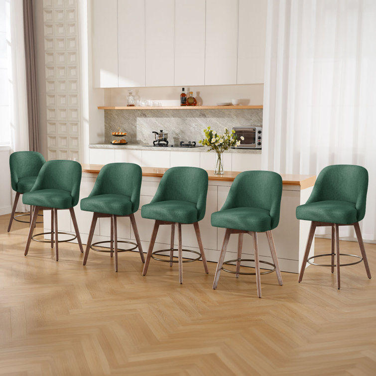 Green Upholstered Swivel Counter Stools with Wood Legs, Set of 3