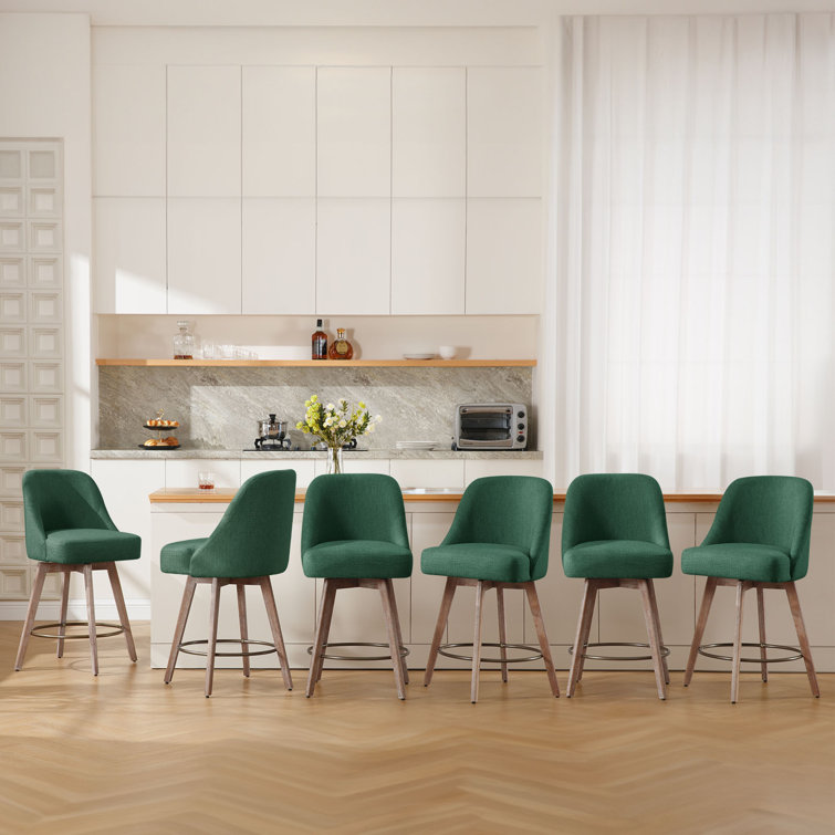 Green Upholstered Swivel Counter Stools with Wood Legs, Set of 3