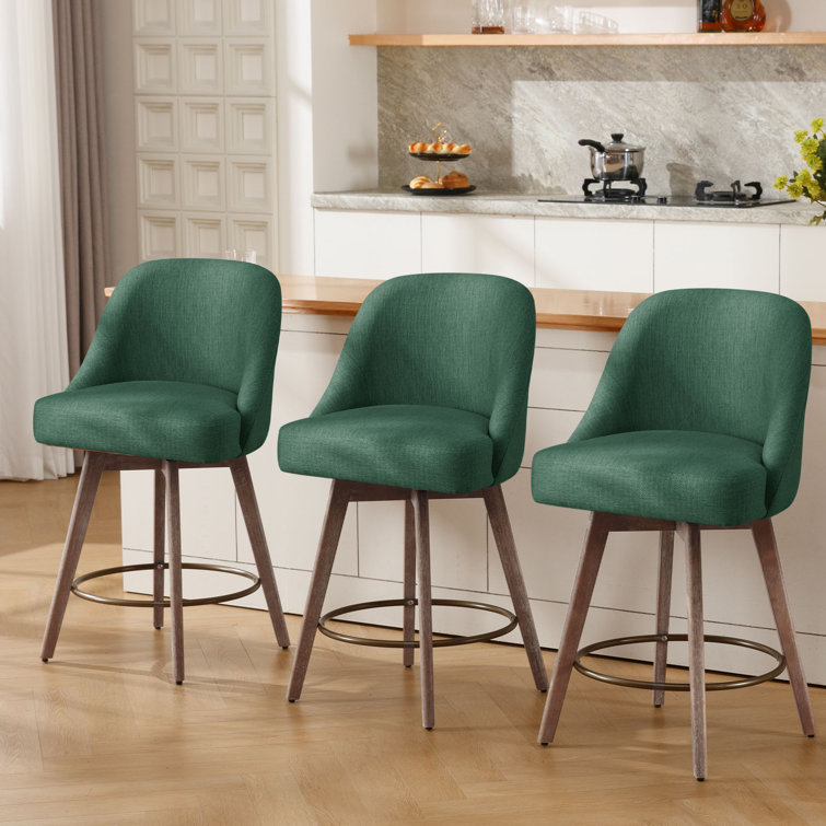 Green Upholstered Swivel Counter Stools with Wood Legs, Set of 3