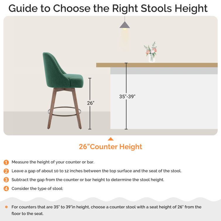 Green Upholstered Swivel Counter Stools with Wood Legs, Set of 3