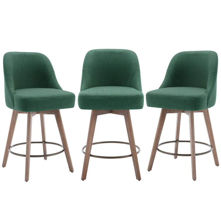 Green Upholstered Swivel Counter Stools with Wood Legs, Set of 3