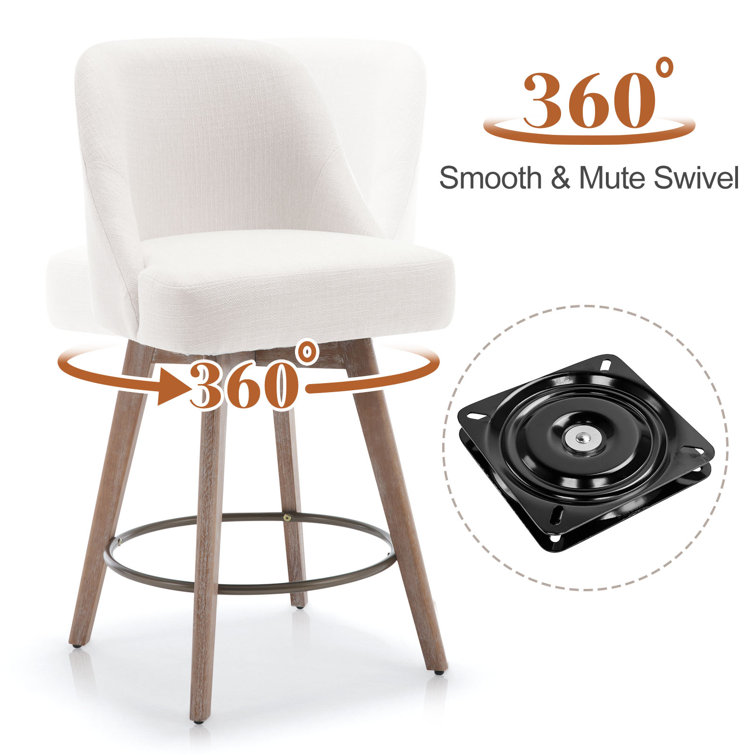 26'' White Upholstered Swivel Counter Stools with Solid Wood Legs