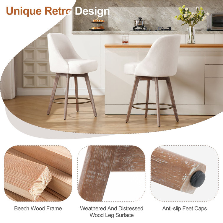 26'' White Upholstered Swivel Counter Stools with Solid Wood Legs