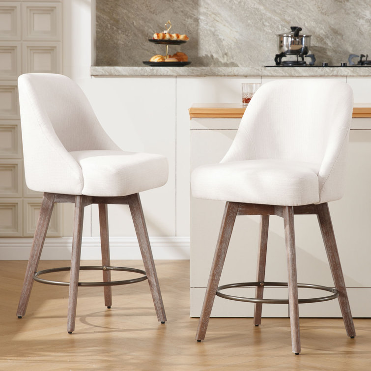 26'' White Upholstered Swivel Counter Stools with Solid Wood Legs