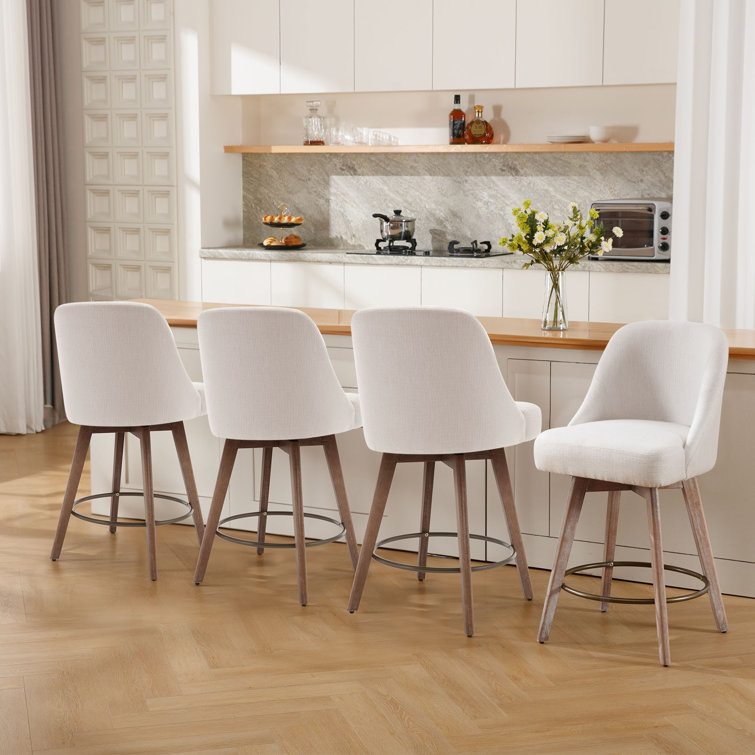 26'' White Upholstered Swivel Counter Stools with Solid Wood Legs