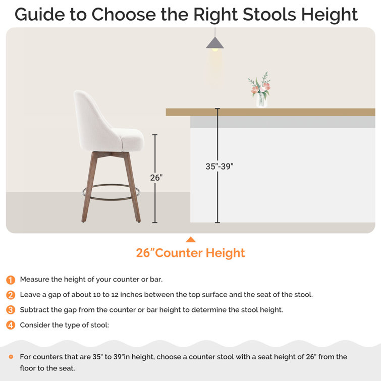 26'' White Upholstered Swivel Counter Stools with Solid Wood Legs