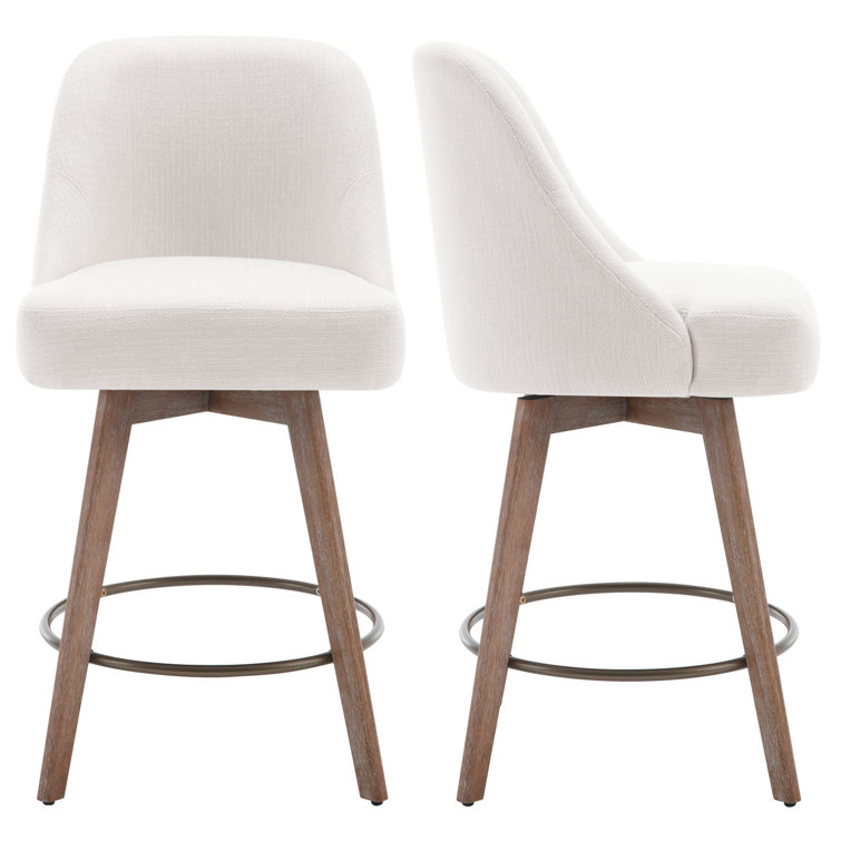 26'' White Upholstered Swivel Counter Stools with Solid Wood Legs