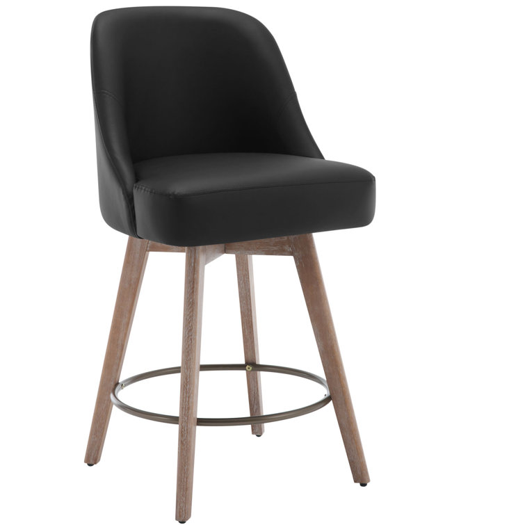 Black Faux Leather Swivel Counter Stools with Wood Legs, Set of 3