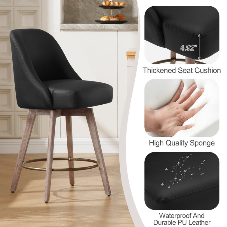 Black Faux Leather Swivel Counter Stools with Wood Legs, Set of 3