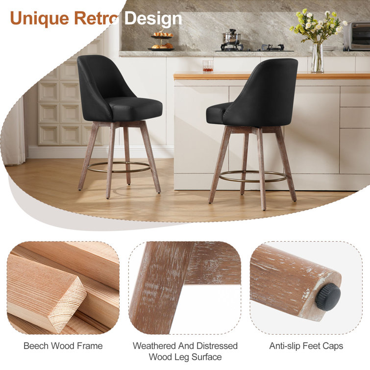 Black Faux Leather Swivel Counter Stools with Wood Legs, Set of 3