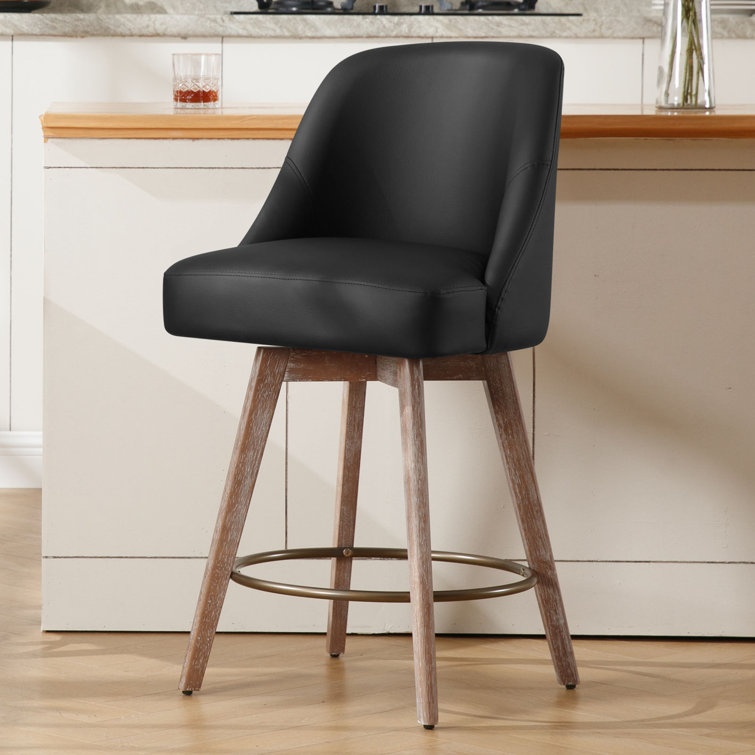 Black Faux Leather Swivel Counter Stools with Wood Legs, Set of 3