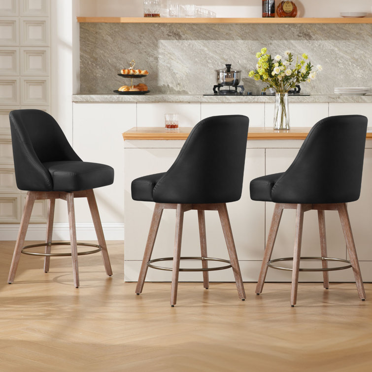 Black Faux Leather Swivel Counter Stools with Wood Legs, Set of 3