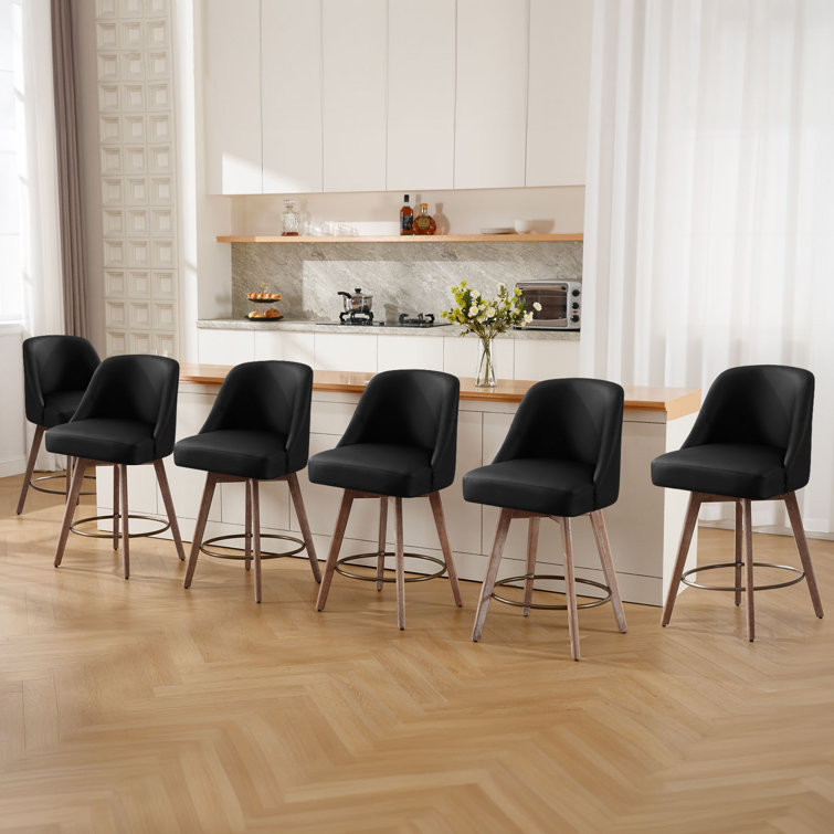 Black Faux Leather Swivel Counter Stools with Wood Legs, Set of 3