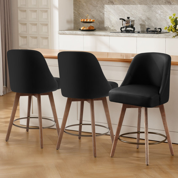 Black Faux Leather Swivel Counter Stools with Wood Legs, Set of 3