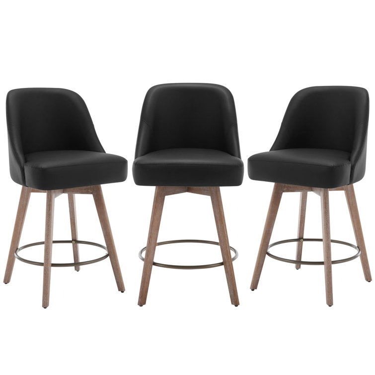 Black Faux Leather Swivel Counter Stools with Wood Legs, Set of 3