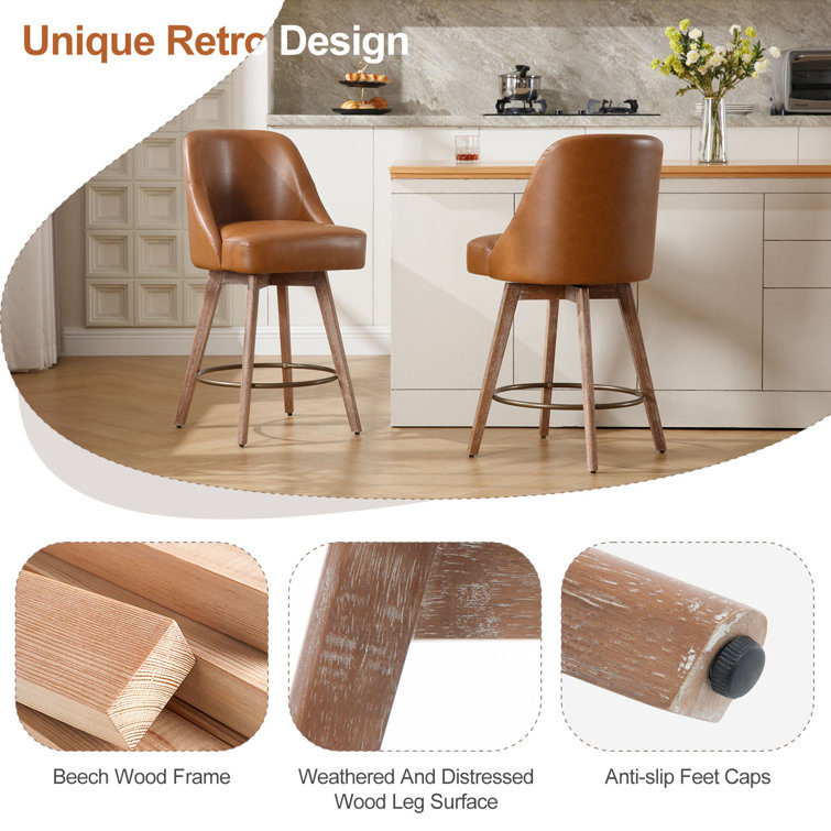Brown Faux Leather Swivel Counter Stools with Wood Legs, Set of 3