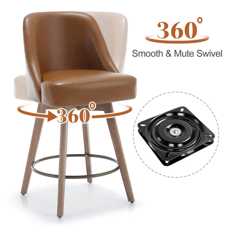 Brown Faux Leather Swivel Counter Stools with Wood Legs, Set of 3