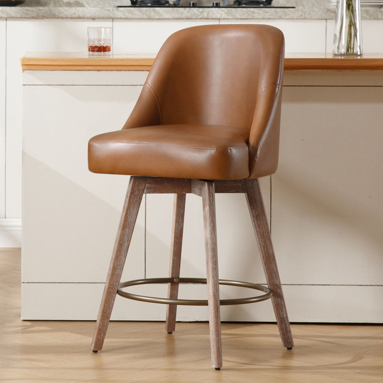 Brown Faux Leather Swivel Counter Stools with Wood Legs, Set of 3