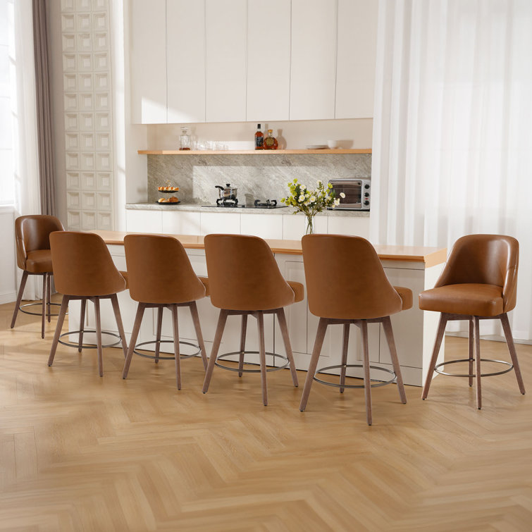 Brown Faux Leather Swivel Counter Stools with Wood Legs, Set of 3