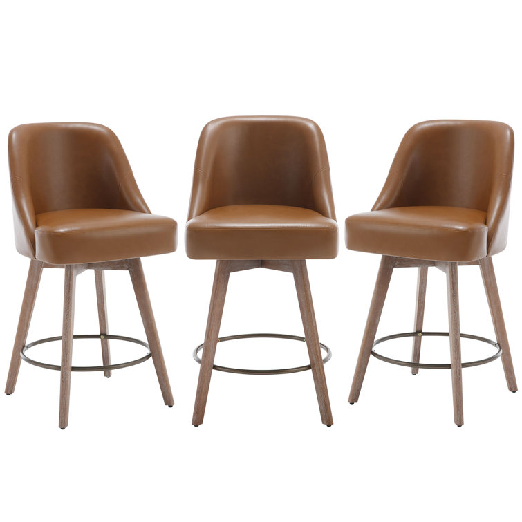 Brown Faux Leather Swivel Counter Stools with Wood Legs, Set of 3