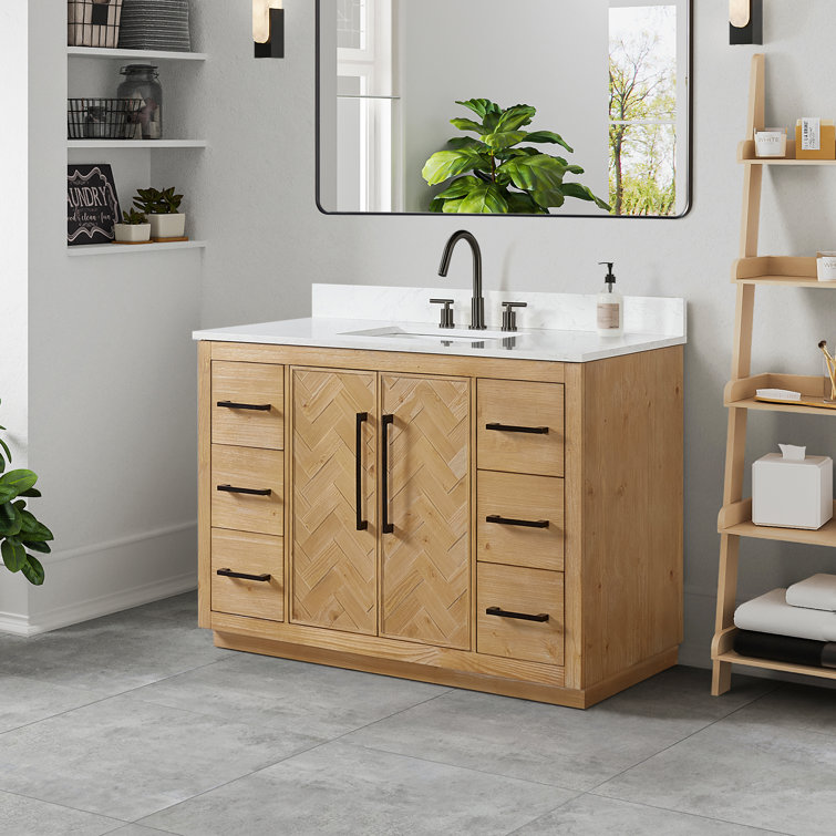 Jareth 48'' Natural Wood Single Bathroom Vanity with White Stone Top