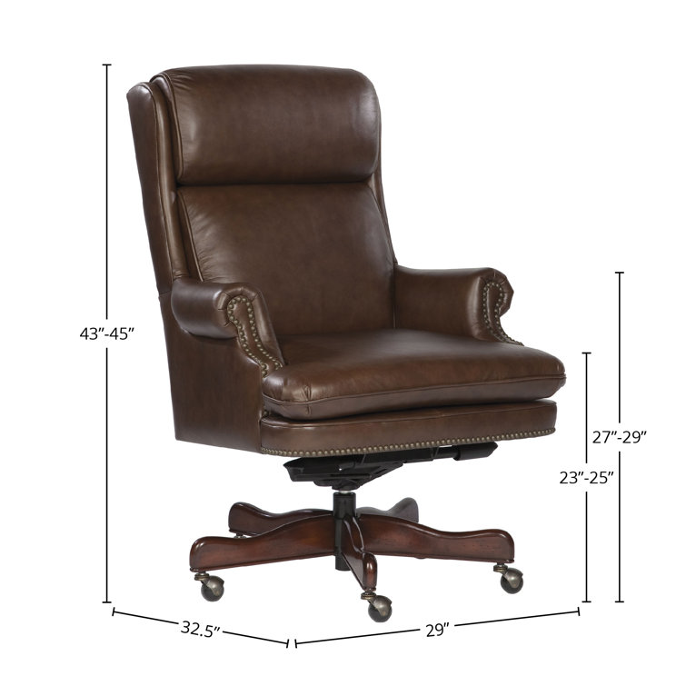 Executive Swivel Chair in Brown Leather with Traditional Wood Base