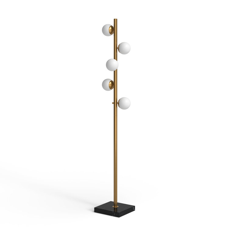 Mid-Century Antique Brass LED Tree Floor Lamp with White Opal Shades