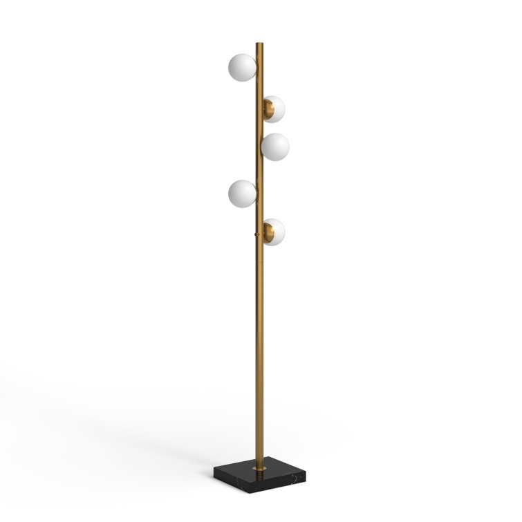 Mid-Century Antique Brass LED Tree Floor Lamp with White Opal Shades