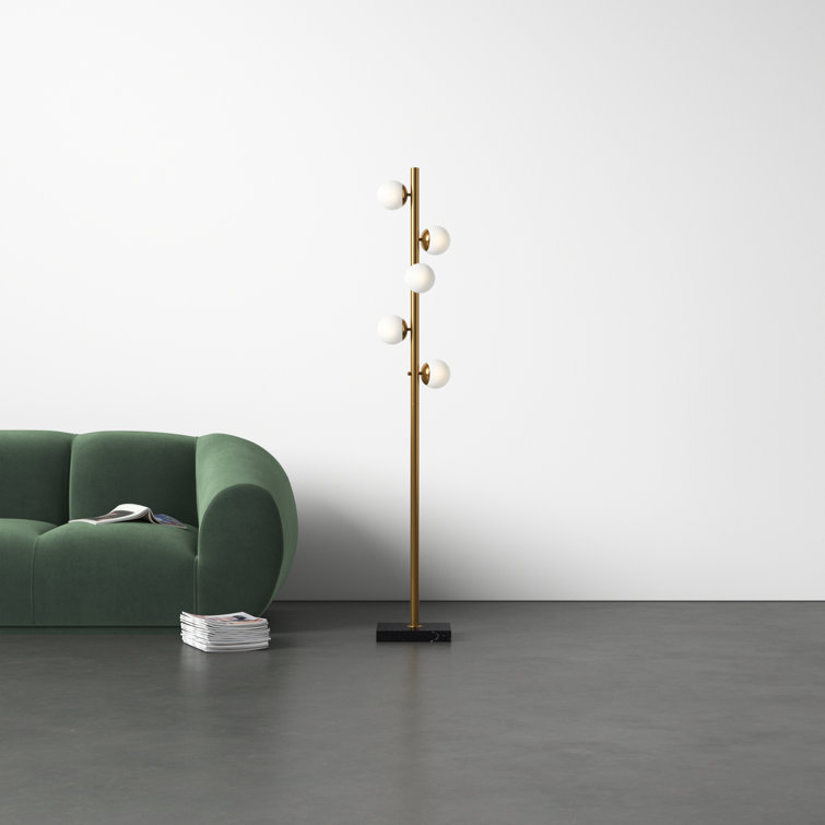 Mid-Century Antique Brass LED Tree Floor Lamp with White Opal Shades