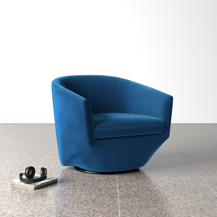 Blue Velvet Swivel Barrel Accent Chair with Wood Frame