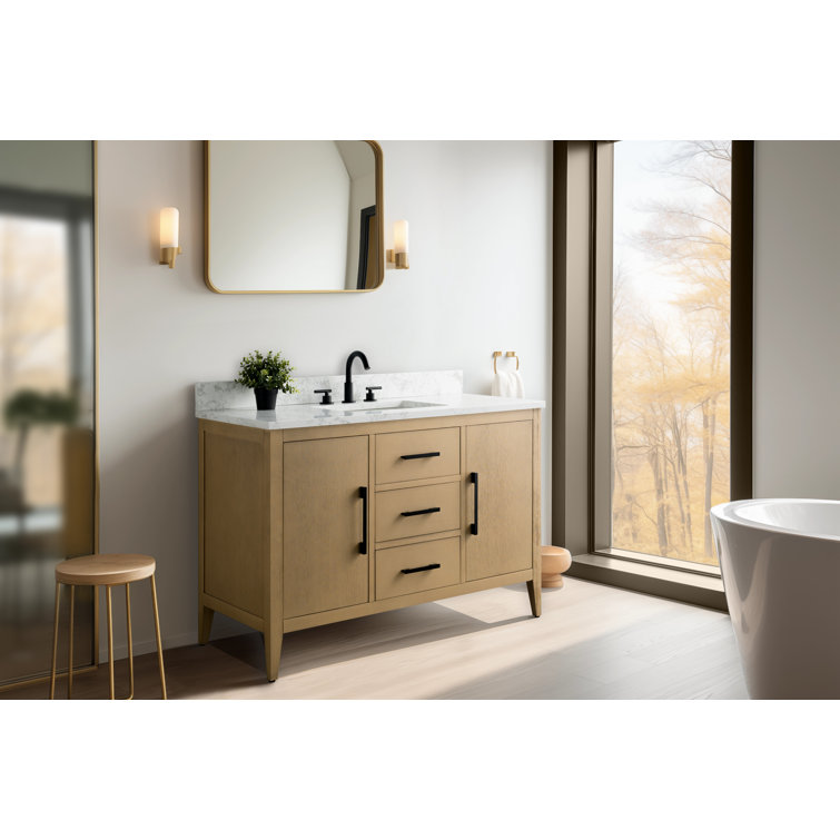 48'' Natural Oak Single Bathroom Vanity with Engineered Marble Top
