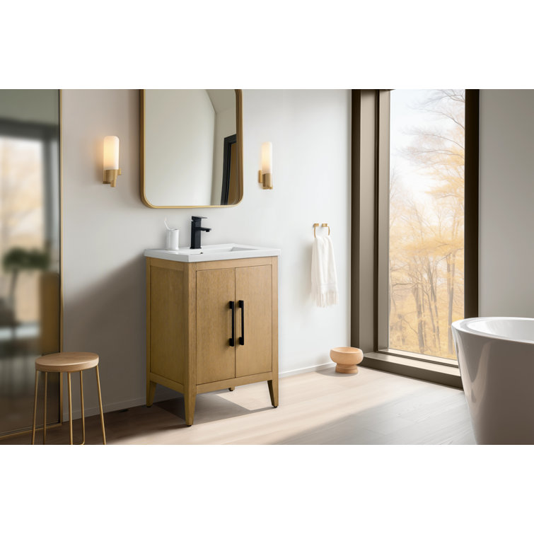 Natural Oak and Matte Black 24" Single Bathroom Vanity with Ceramic Top
