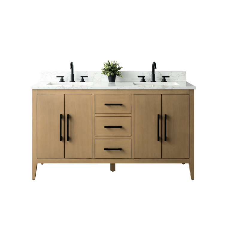 60" Natural Oak Double Sink Bathroom Vanity with Marble Top