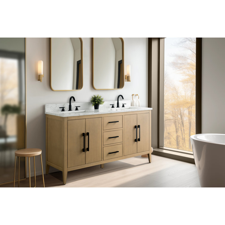 60" Natural Oak Double Sink Bathroom Vanity with Marble Top