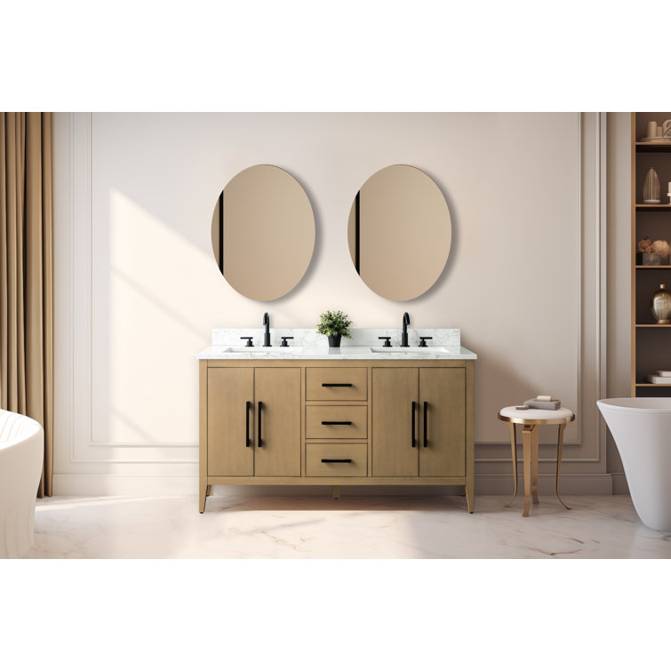 60" Natural Oak Double Sink Bathroom Vanity with Marble Top