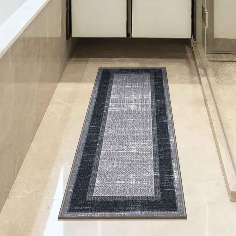 Gray and Black Non-Slip Synthetic Hallway Runner Rug