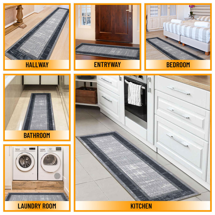 Gray and Black Non-Slip Synthetic Hallway Runner Rug