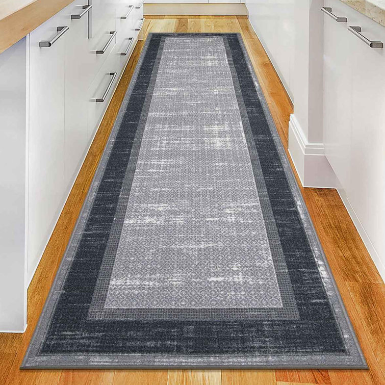 Gray and Black Non-Slip Synthetic Hallway Runner Rug
