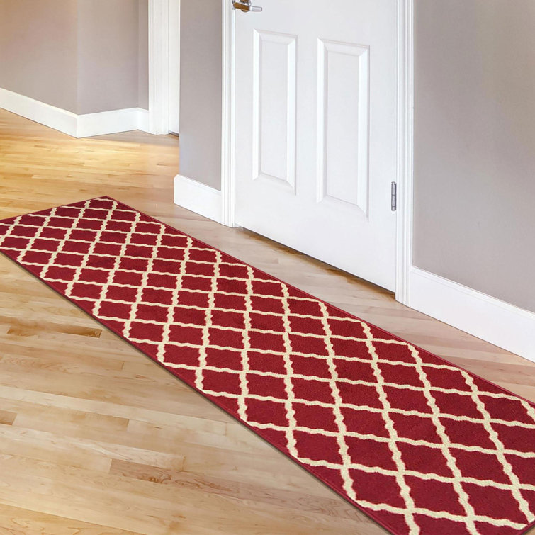 Red Trellis Design Washable Non-Slip Runner Rug