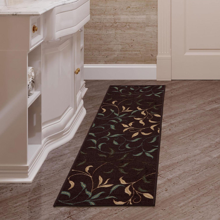 Chocolate Brown and Beige Nylon Runner Rug with Leaf Design