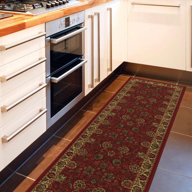 Dark Red Floral Non-Slip Synthetic Runner Rug
