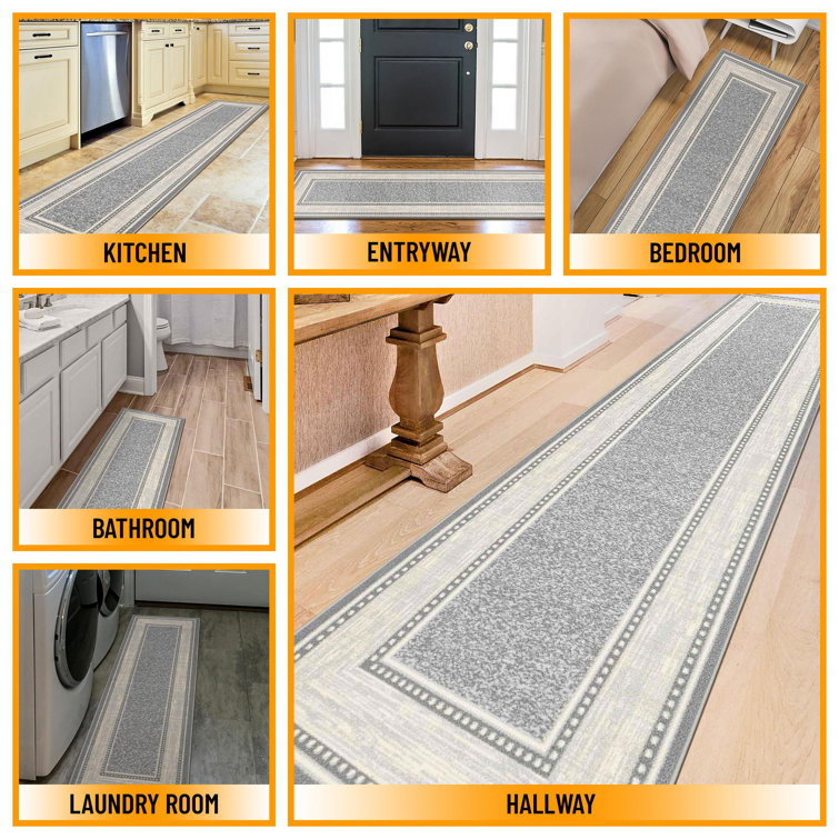 Gray Washable Non-Slip Synthetic Runner Rug with Bordered Design
