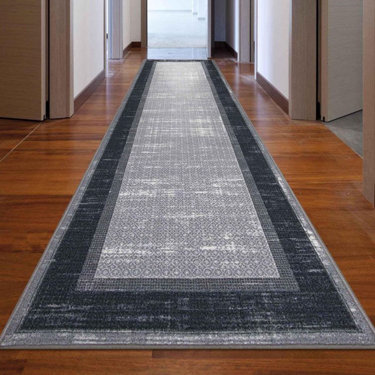 Gray and Black Non-Slip Synthetic Hallway Runner Rug
