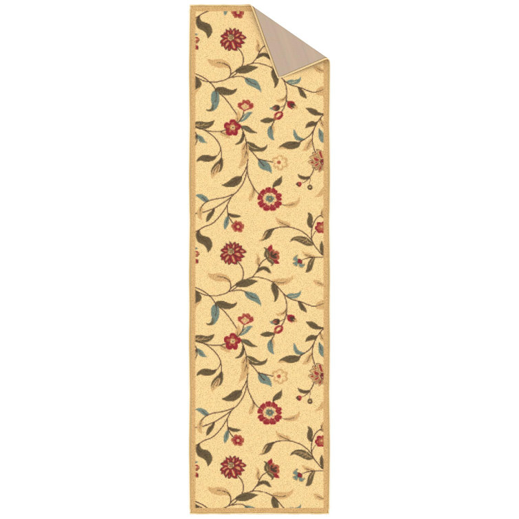 Beige Floral Non-Slip Synthetic Runner Rug 1'10" x 7'