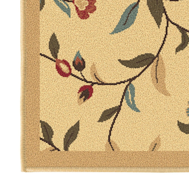 Beige Floral Leaves Design Washable Synthetic Area Rug