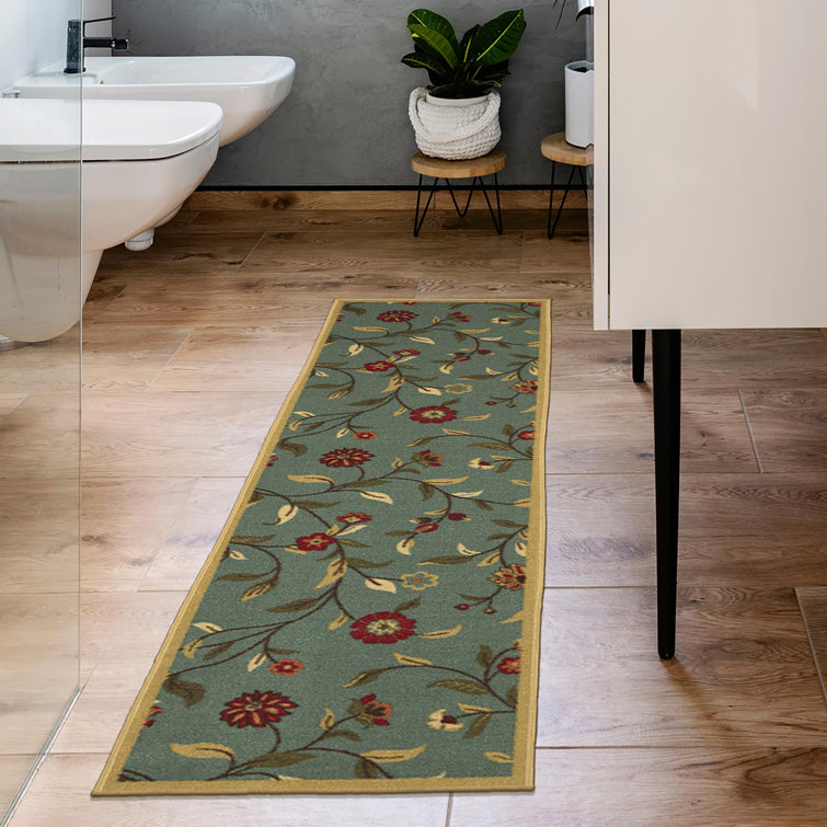 Seafoam Green Floral Non-Slip Hallway Runner Rug