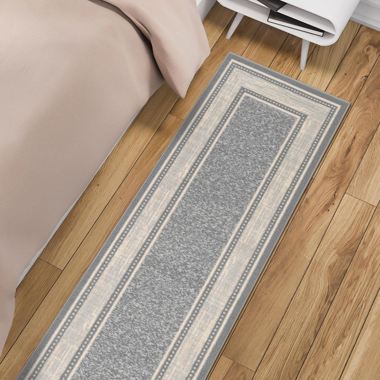 Gray Washable Non-Slip Synthetic Runner Rug with Bordered Design