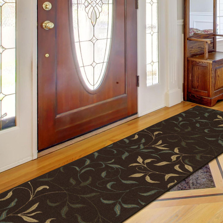Dark Brown Runner Rug with Beige and Green Leaves Design