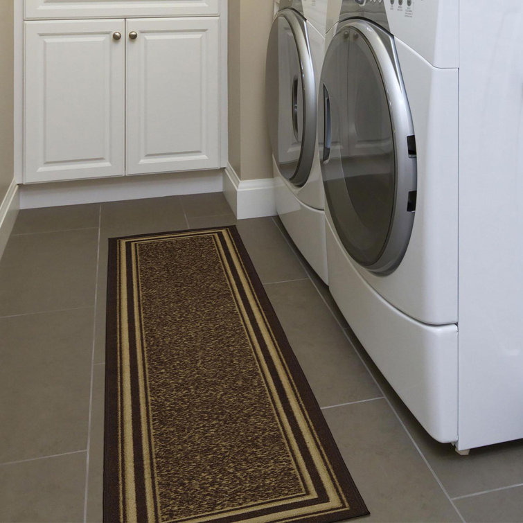Brown and Beige Bordered Runner Rug with Non-Slip Backing